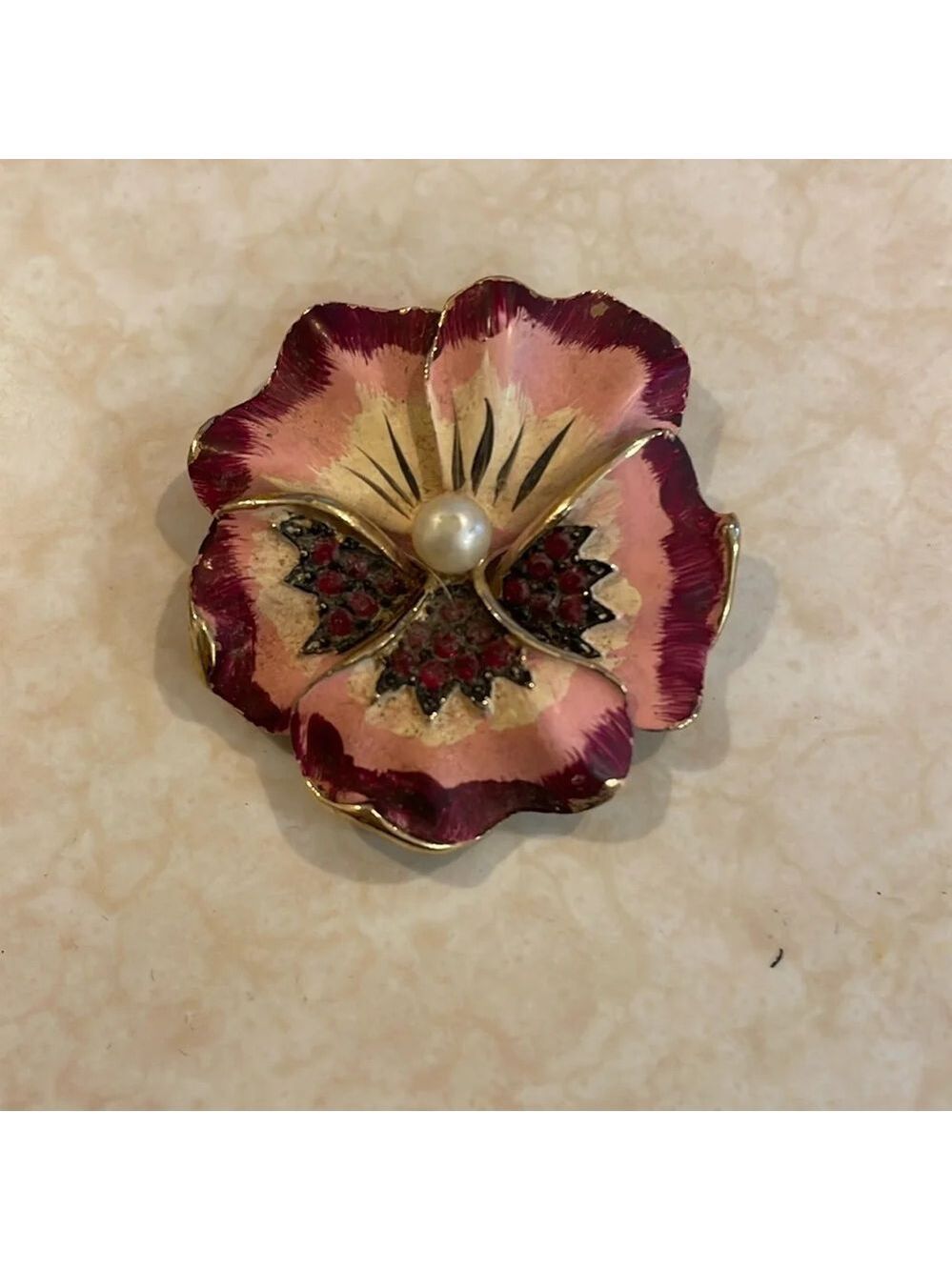 Vintage Hand-Painted Pansy Flower Brooch, Attributed to Kramer Jewelry